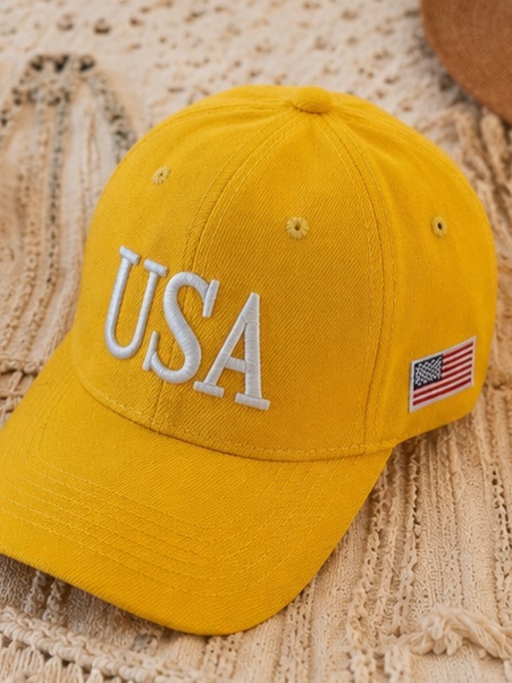 USA Embroidered Baseball Cap with American Flag Patch – Bright Yellow